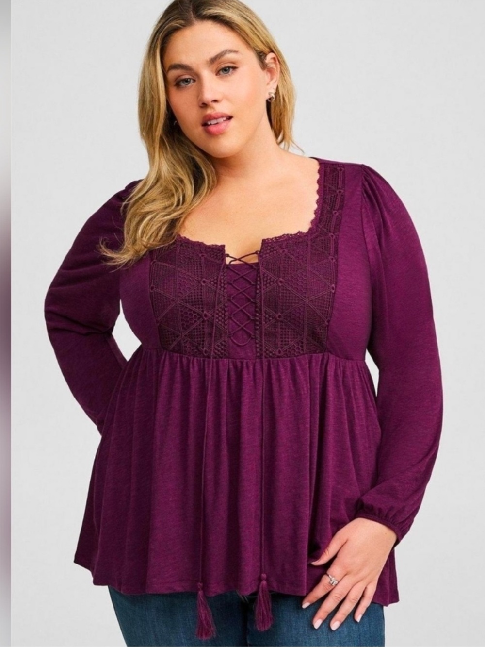 Torrid Slub Crochet Lace-Up Babydoll Peasant Top Purple Plum Sz 1X